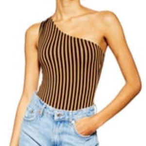 Topshop One-Shoulder Stripe Bodysuit TAN MULTI